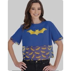 DC Comics Batgirl Blue & Yellow Crop Top T-Shirt Costume Mesh Trim Sz L/XL